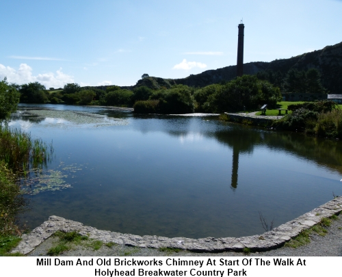 Mill dam and old brickworks chimney at Holyhead Breakwater Country Park