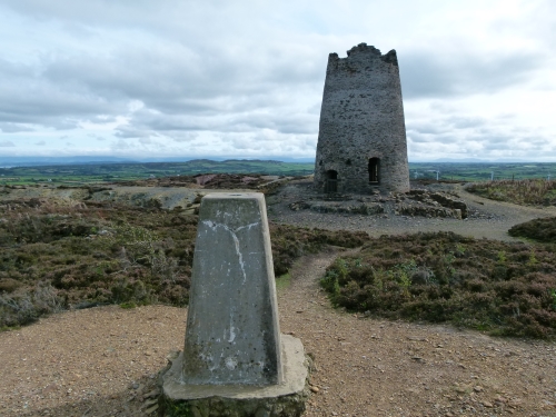 Trig. point and ruined windmill at Parys Mountain