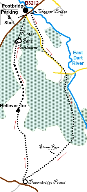 Postbridge to Bellever Tor sketch map