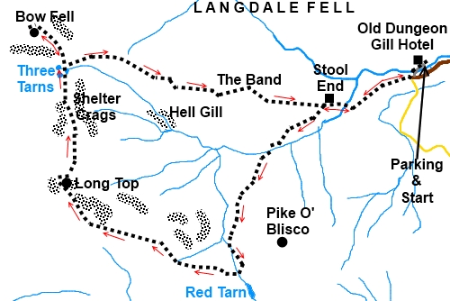 Lake District walk Crinkle Crags and Bow Fell - Sketch map