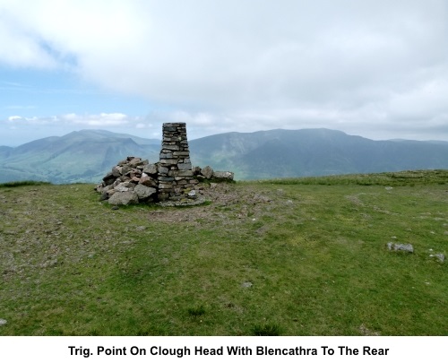 Trig point on Clough Head with Blencathra to the rear.