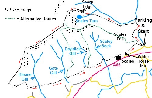Lake District walk Sharp Edge and Blencathra - sketch map