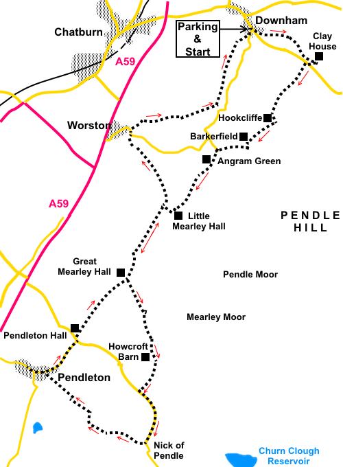 Downham to Pendleton and Worston sketch map
