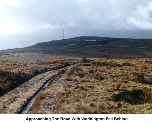 Approaching the road and Waddington Fell