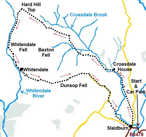 Lancashire walk Whitendale and Baxton Fells - sketch map