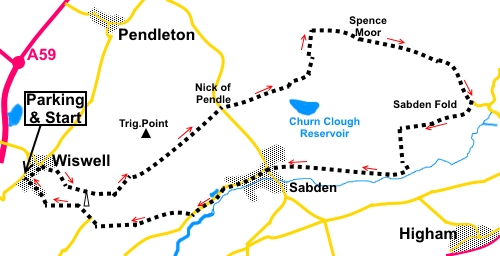 walk from Wiswell to Sabden sketch map