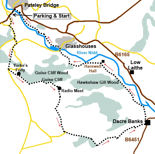 Pateley Bridge to Dacre Banks walk Sketch Map