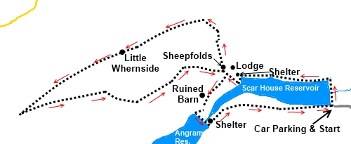 North Yorkshire walk Scar House Reservoir to Little Whernside and Angram Reservoir - sketch map