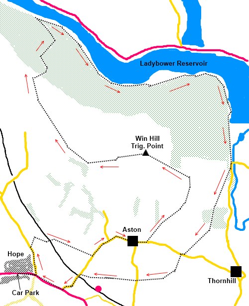 Derbyshire Peak District walk Win Hill and Ladybower Reservoir - sketch map