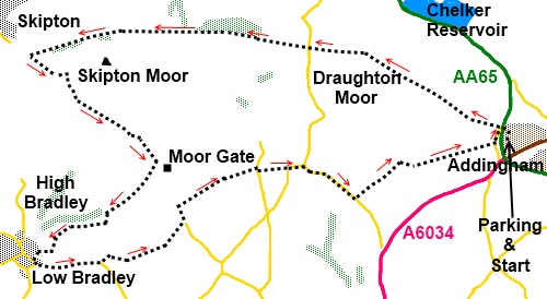 West Yorkshire walk Addingham to Bradley via Skipton - sketch map