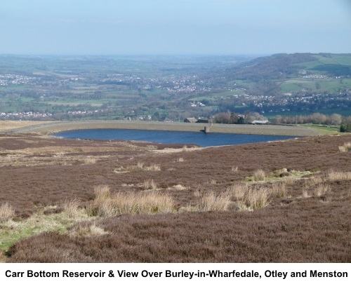 Carr Bottom reservoir and view over Burley-in-Wharfedale, Otley and Menston