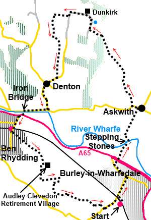 Walk from Burley-in-Wharfedale to Ben Rhydding sketch map