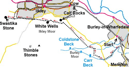 West Yorkshire walk Burley-in-Wharfedale to Ilkley - sketch map