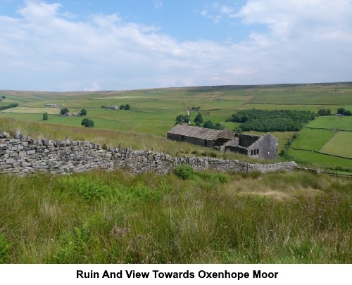 Ruined farmhouse and view towards Oxenhope Moor.