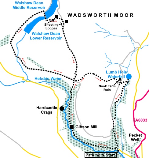 Sketch map for Hardcastle Crags, Wadsworth Moor and Crimsworth Dean walk.