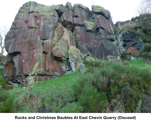 Rocks and Christmas baubles at East Chevin Quarry