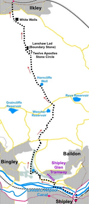 Shipley to Ilkley walk via Shipley Glen - sketch map