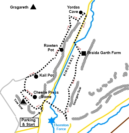 sketch map for the walk in Kingsdale to Yordas Cave