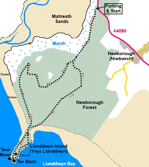 sketch map for walk from Newborough Forest to Ynys LLanddwyn