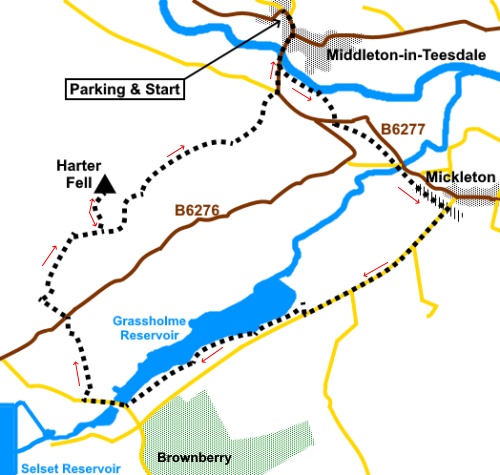 sketch map for the walk from Middleton-in-Teesdale to Grassholme Reservoir and Harter Fell.