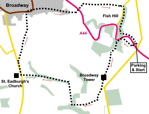 Sketch map for the wqalk to Broadway and Broadway Tower