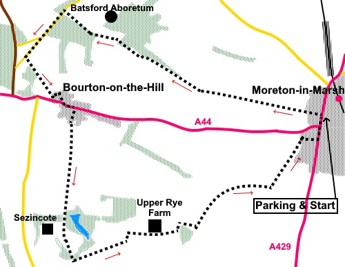 Moreton-in-Marsh to Bourton-on-the-Hill sketch map.