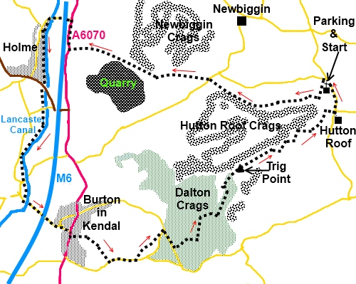 Cumbria walk, Hutton Roof to Burton in Kendal ketch map