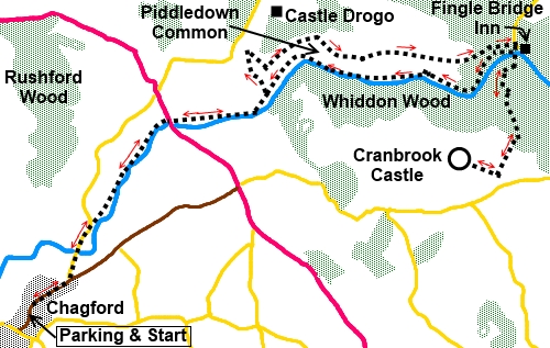 Dartmoor walk from Chagford to Fingle Bridge - sketch map