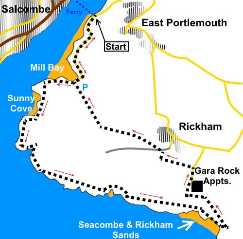 Sketch map for walk from Salcombe to Gara Rock