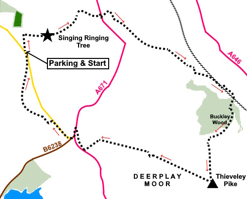 Sketch map for the walk to the Singing Ringing Tree and Thieveley Pike