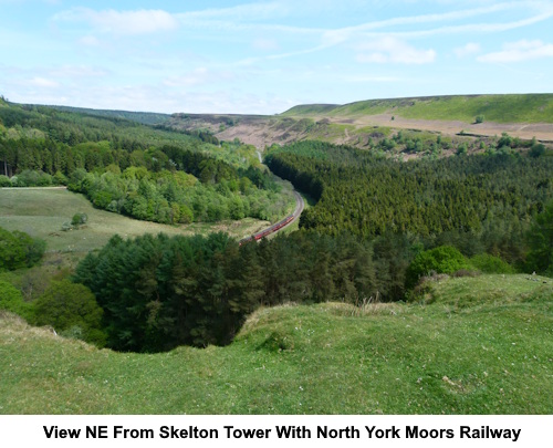 The view north-east from Skelton Tower looking down to the North York Moors railway