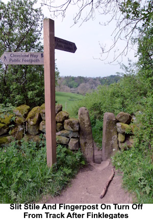 A slit stile and fingerpost marking the turn off from the track just after the house Finklegates.