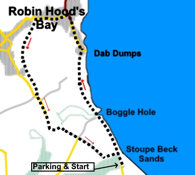 Sketch map for the walk from Stoupe Beck Sands to Robin Hoods Bay.