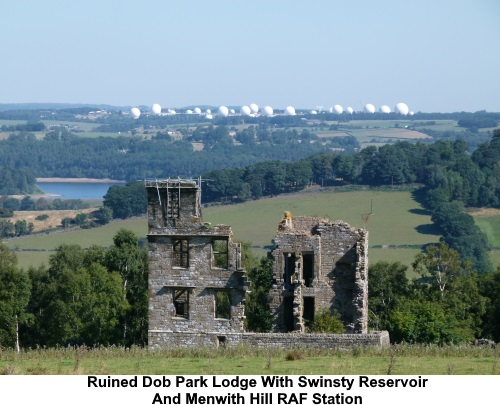 The ruin of Dob Park Lodge with Swinsty Reservoir and Menwith Hill RAF station behind.
