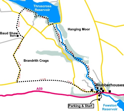 Sketch map for the walk from Blubberhouses to Thruscross Reservoir.