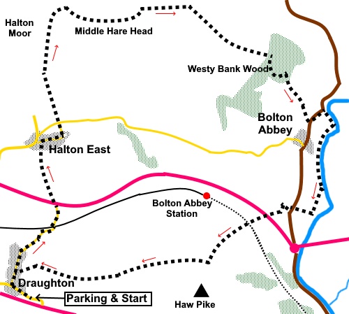 Sketch map for a walk to Bolton Abbey from Draughton