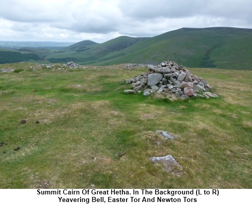 Summit cairn of Great Hetha looking (left to right) to Yeavering Bell, Easter Tor and Newton Tor.