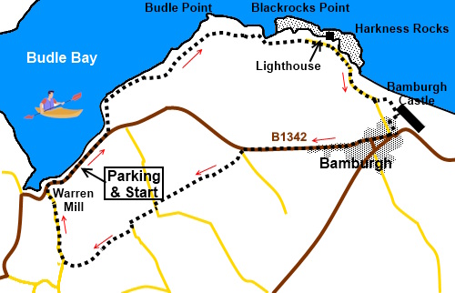 Sketch map for the wank from Waren Mill to Bamburgh.