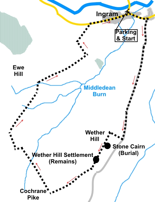 Ingram to Wether Hill and Cochrane Pike sketch map
