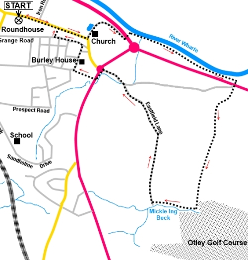 Burley-in-Wharfedale walk, River Wharfe and Eastfield Lane sketch map