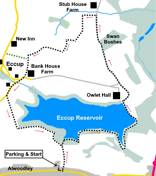 Sketch map for an easy walk around Eccup Reservoir.