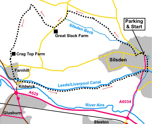 Sketch map for the Silsden to Farnhill and Kildwick walk