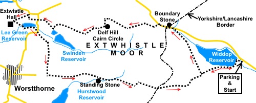 Widdop Reservoir and Extwistle Moor walk sketch map