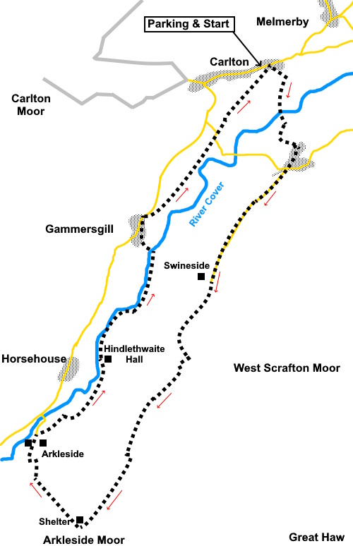 Carlton in Coverdale to Arkleside walk sketch map.