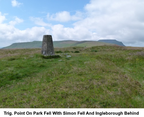 Trig. point on Park Fell with Ingleborough behind.