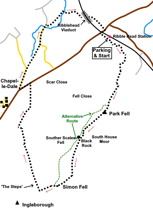 Sketch map for a walk up Park Fell and Simon Fell, returning via Ribblehead Viaduct.
