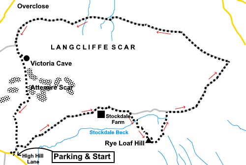 Sketch map for the Rye Loaf Hill, Victoria Cave and Attemire Scar walk.